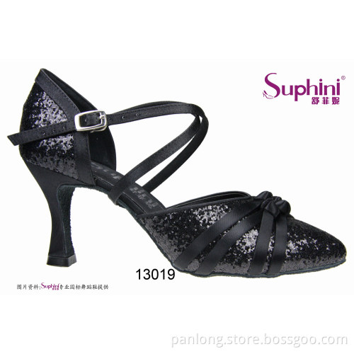 Suphini Glitter Black High Heels Women Ballroom Shoes Dance
